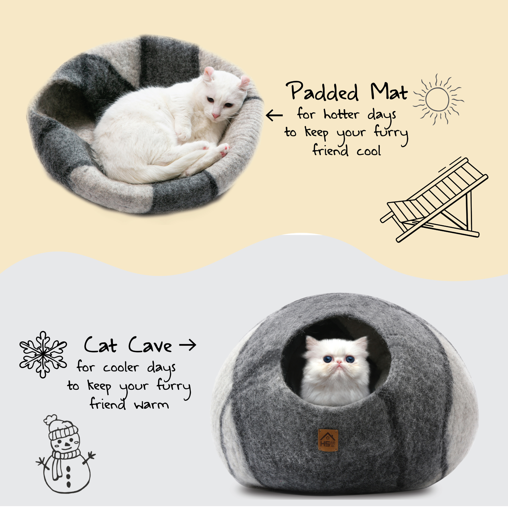 Handcrafted Wool Cat Cave: A cozy retreat for your feline friend. Made from natural wool, this cave provides warmth and security for cats to snuggle and rest. Perfect for promoting relaxation and reducing anxiety in you