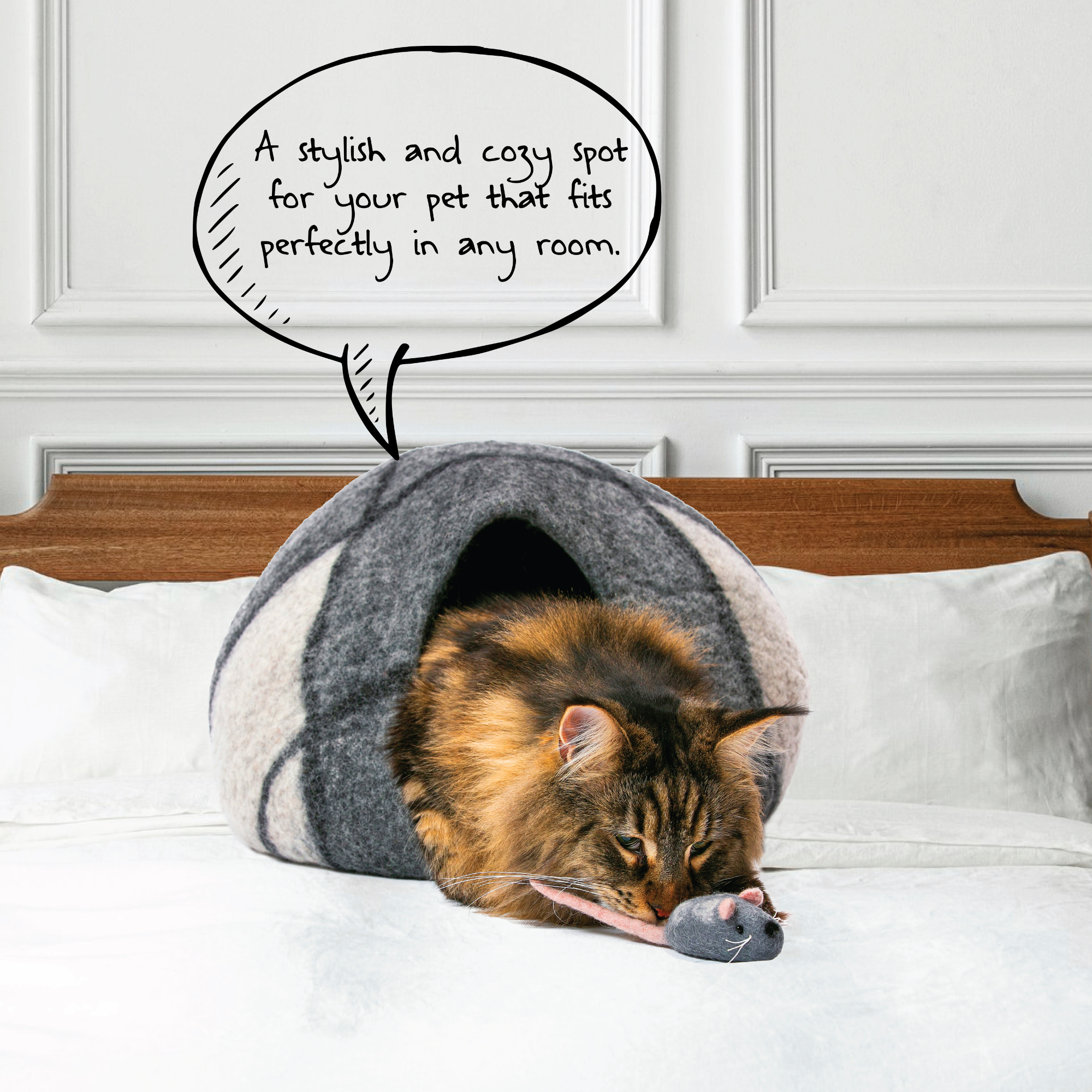 Handcrafted Wool Cat Cave: A cozy retreat for your feline friend. Made from natural wool, this cave provides warmth and security for cats to snuggle and rest. Perfect for promoting relaxation and reducing anxiety in you