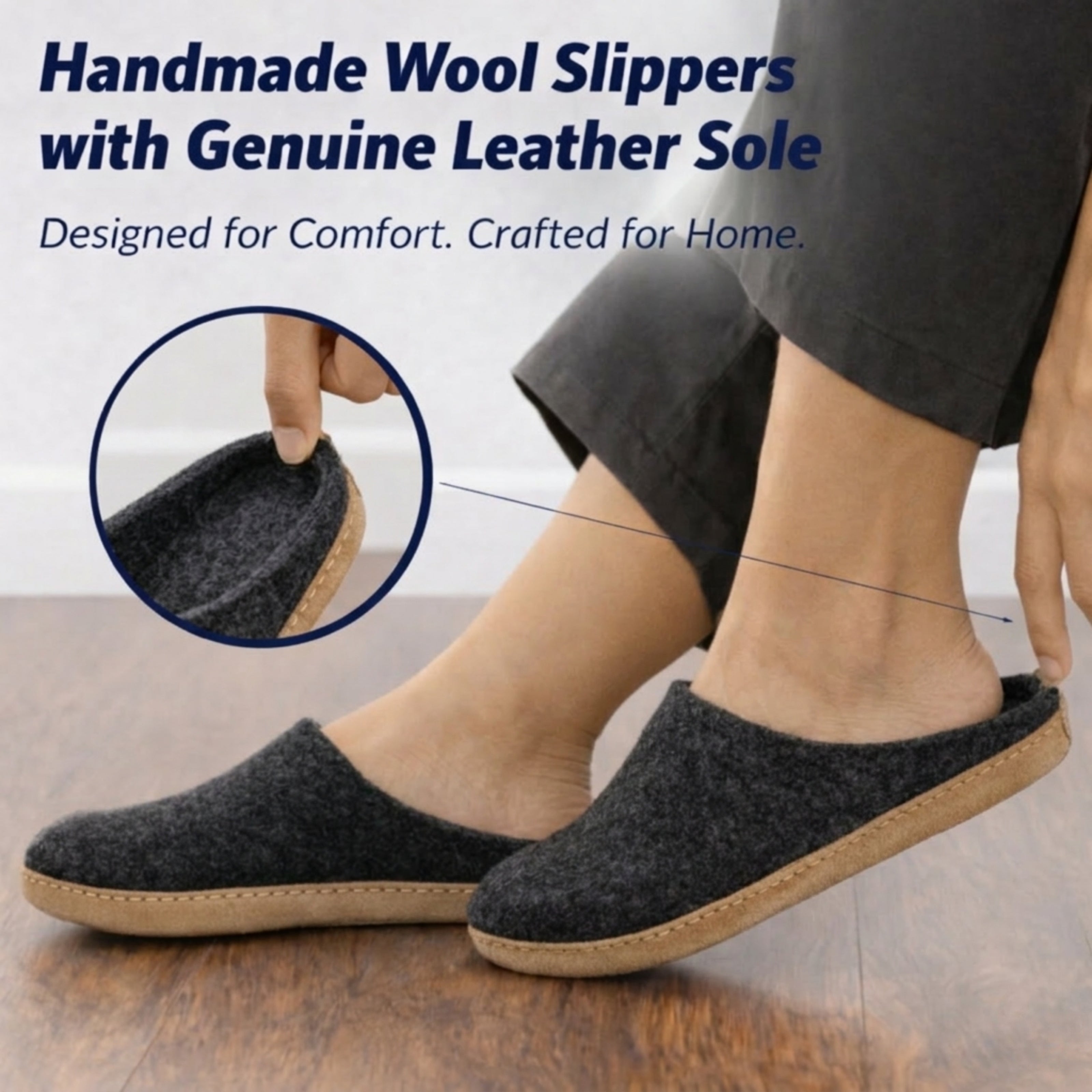 charcoal wool slip-on slippers with leather sole handmade feature