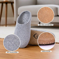 dark gray wool slip-on slippers with leather sole handmade features