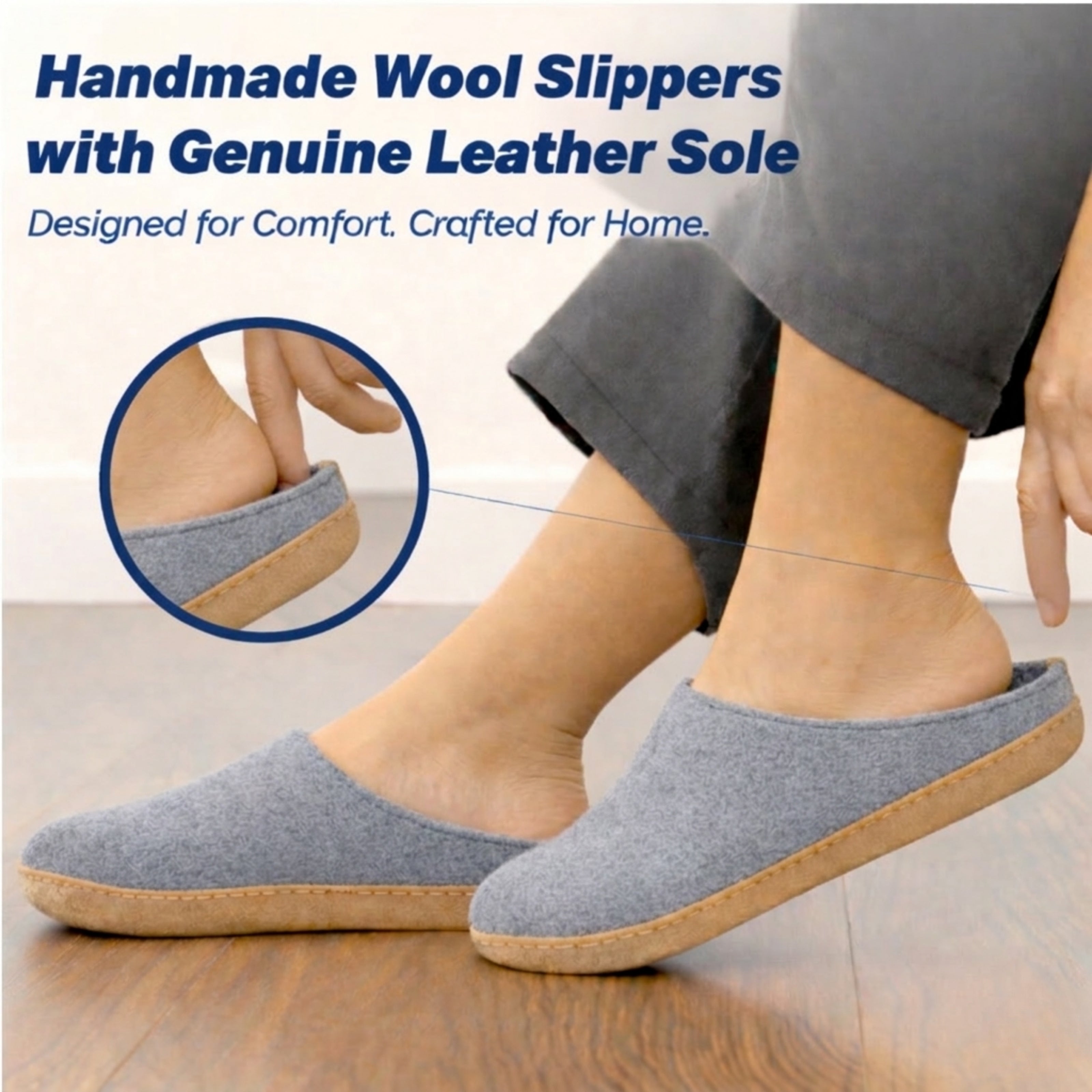 dark gray wool slip-on slippers with leather sole handmade feture