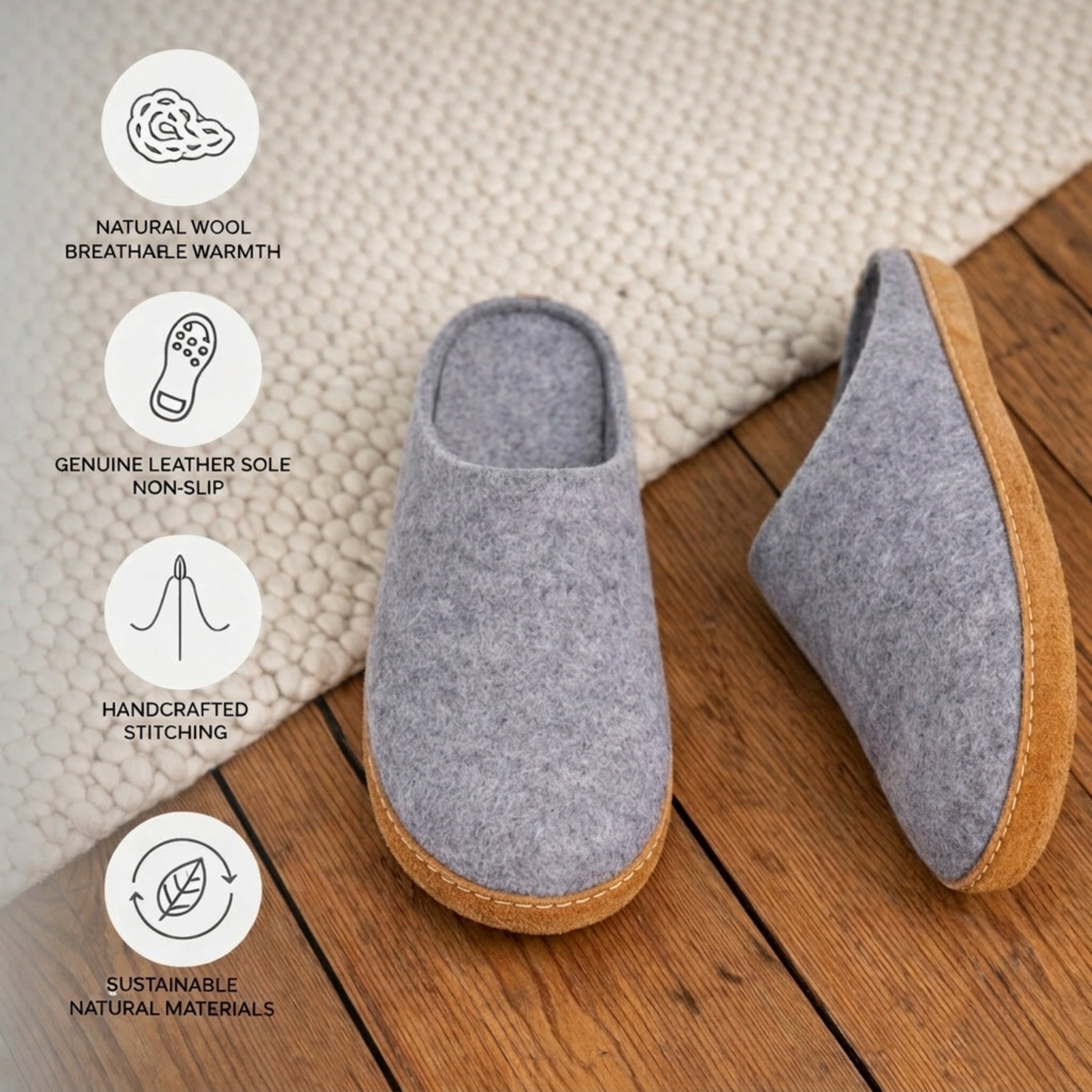 dark gray wool slip-on slippers with leather sole handmade feature