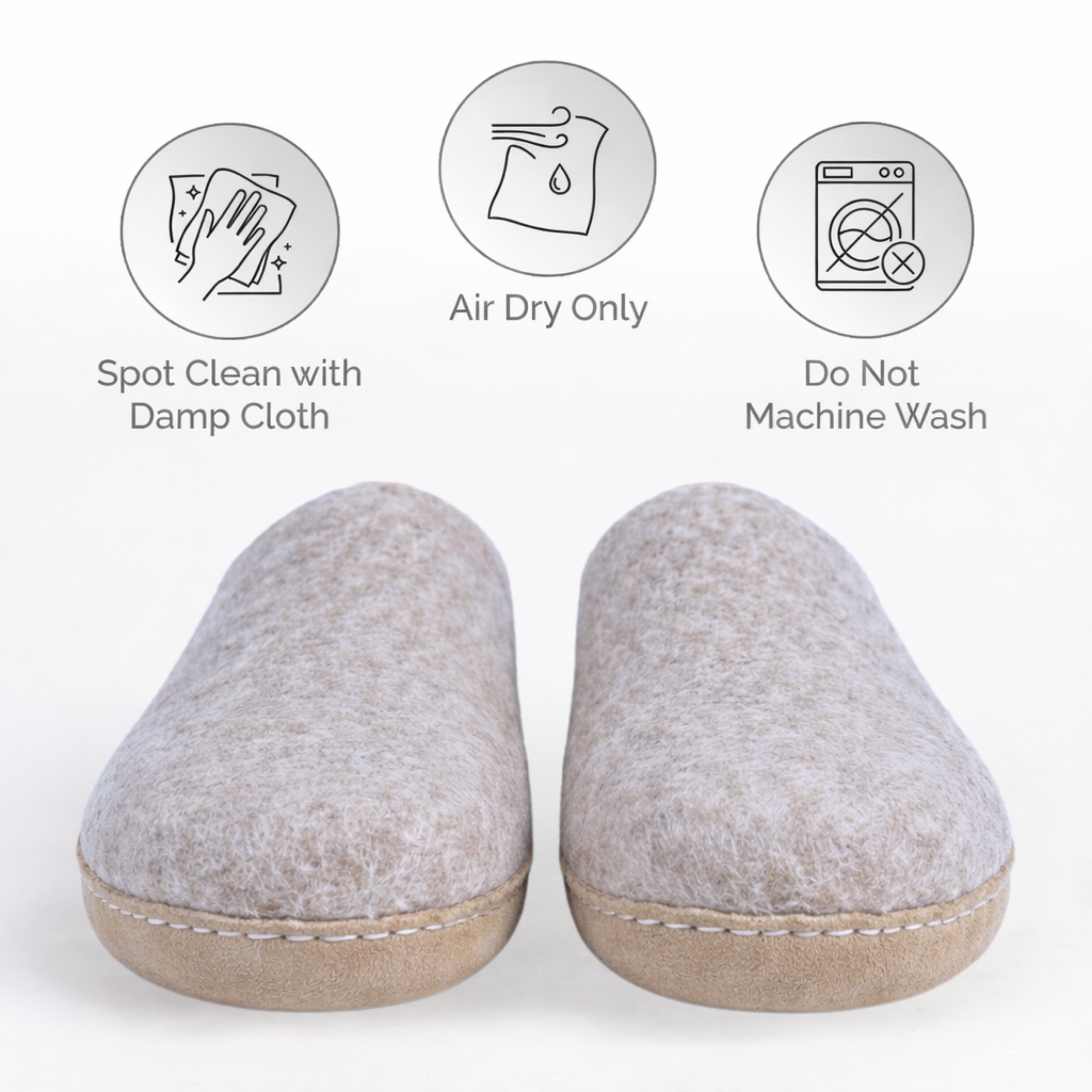 gray wool slip-on slippers with leather sole handmade care instuction