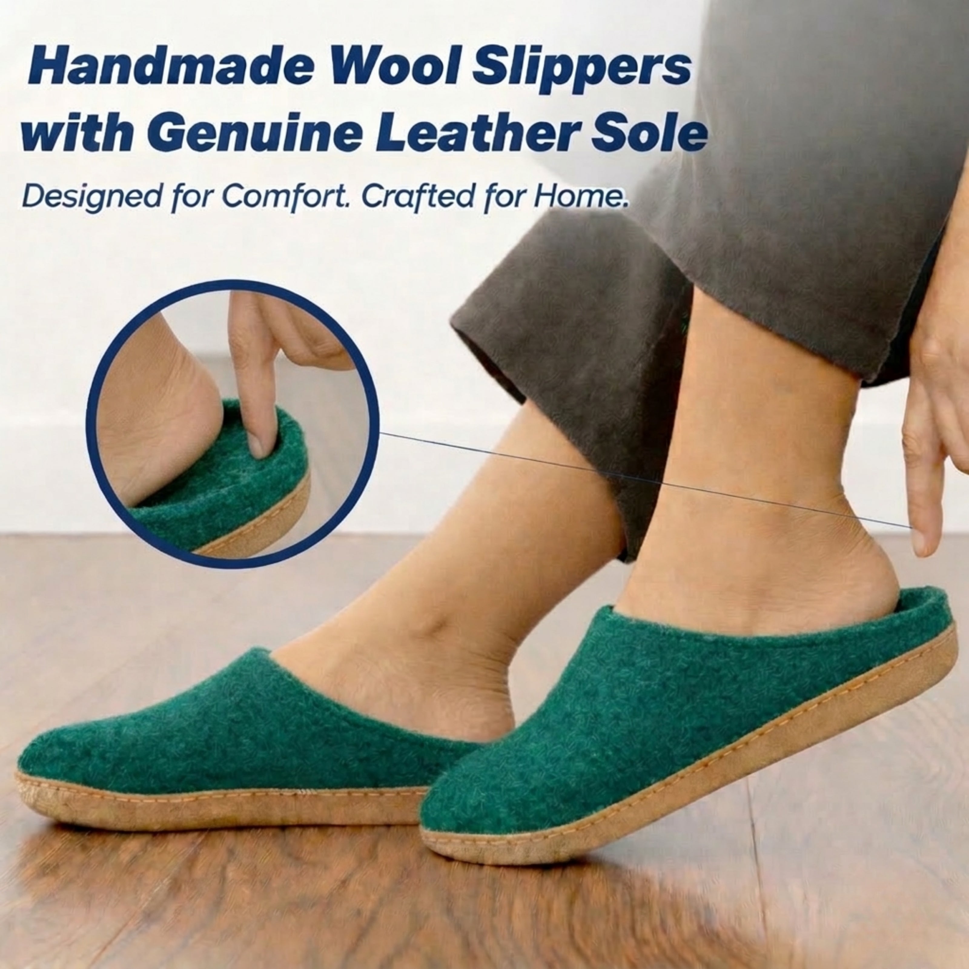 peacock green wool slip-on slippers with leather sole handmade feature
