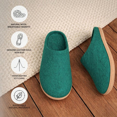 peacock green wool slip-on slippers with leather sole handmade feature