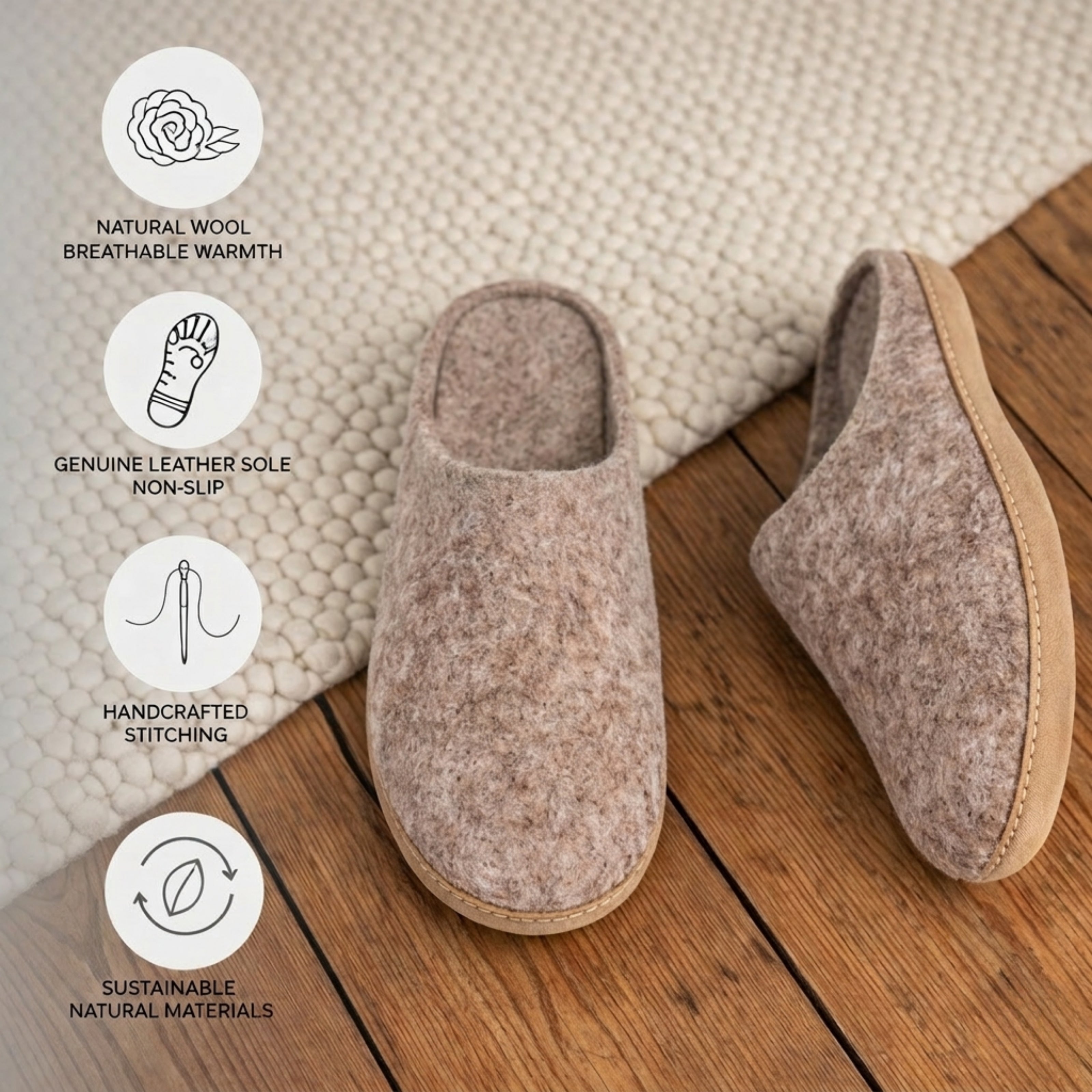 natural brown wool slip-on slippers with leather sole handmade feature