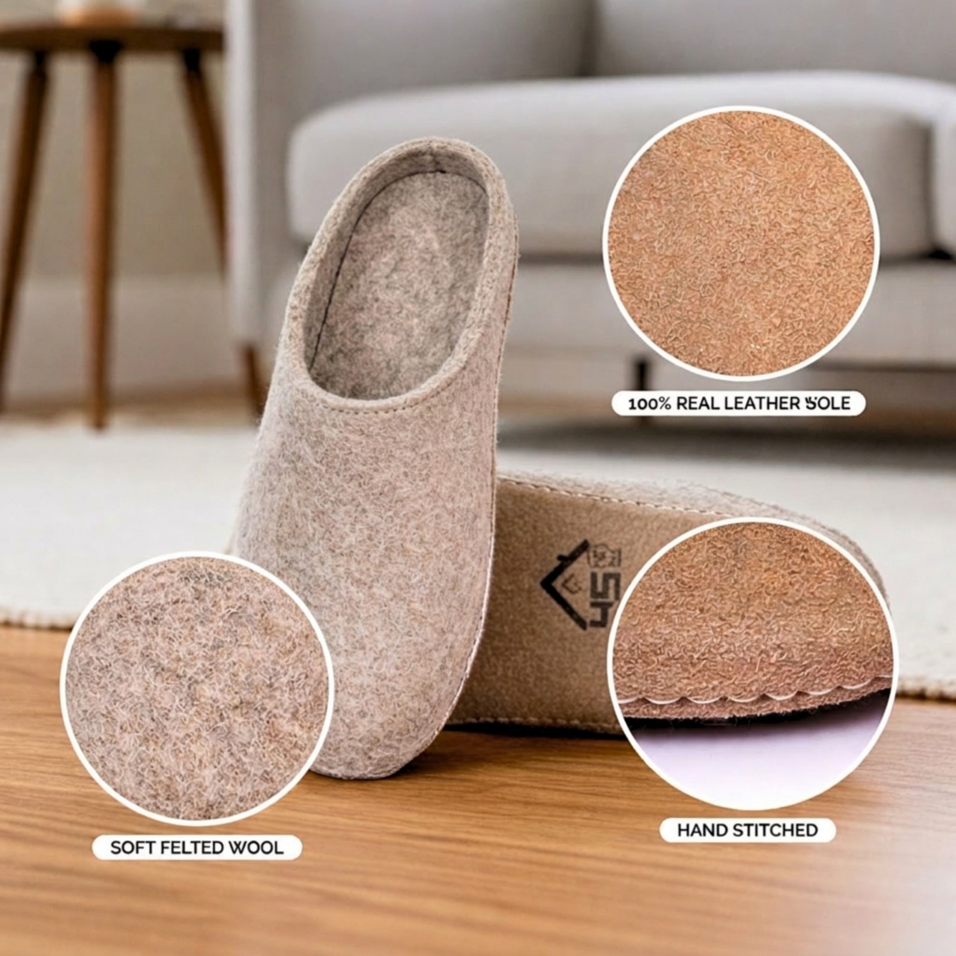 natural brown wool slip-on slippers with leather sole handmade feature