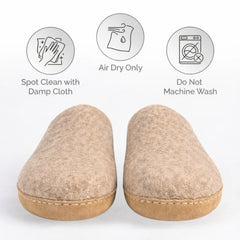 natural brown wool slip-on slippers with leather sole handmade care instruction