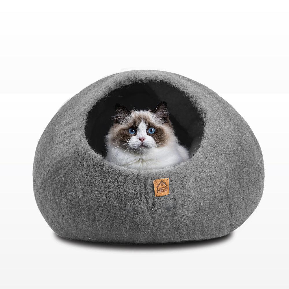 Organic Wool Cat Cave Kitten House Bed Plain Gray