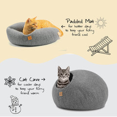 Organic Wool Cat Cave Kitten House Bed Plain Gray