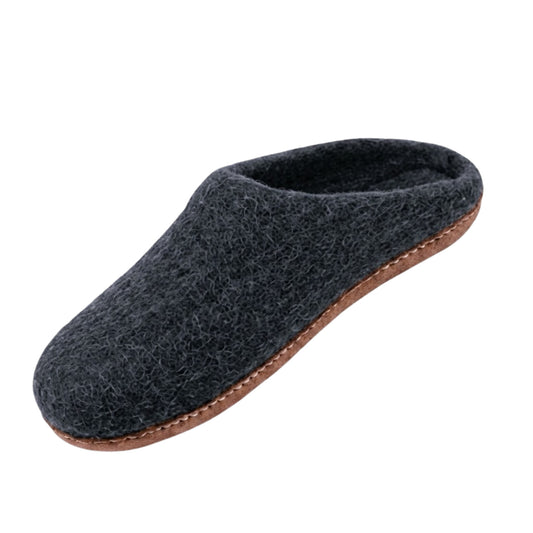 Charcoal Wool Slip-On Slippers – Leather Sole