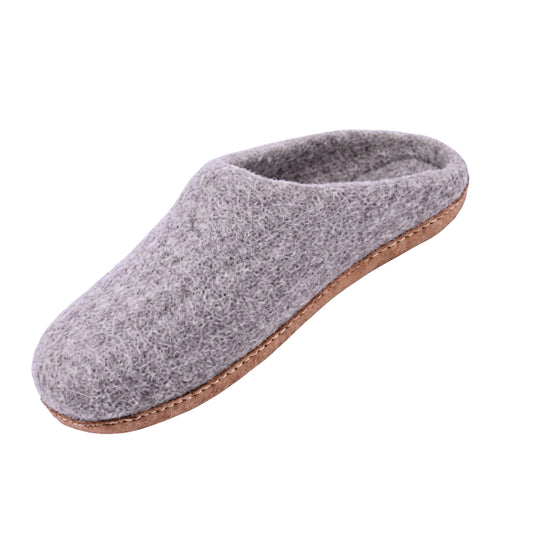 Gray Wool Slip-On Slippers – Leather Sole
