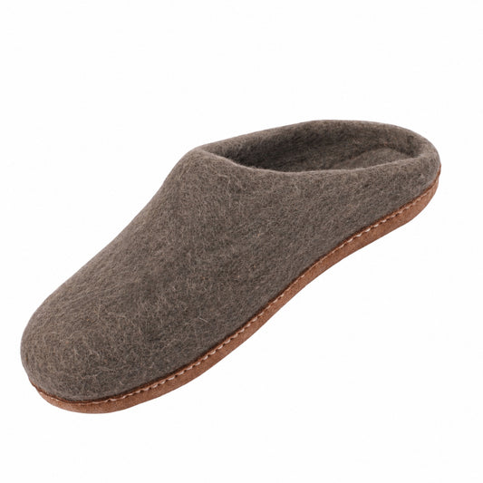 Naural Brown Wool Slip-On Slippers – Leather Sole