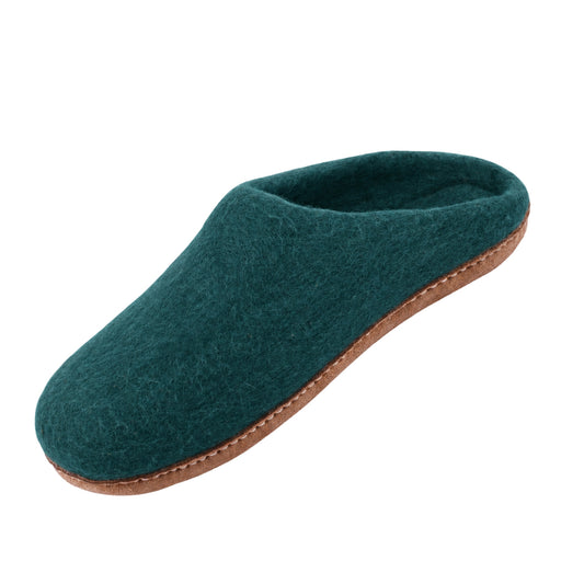 Peacock Green Wool Slip-On Slippers – Leather Sole