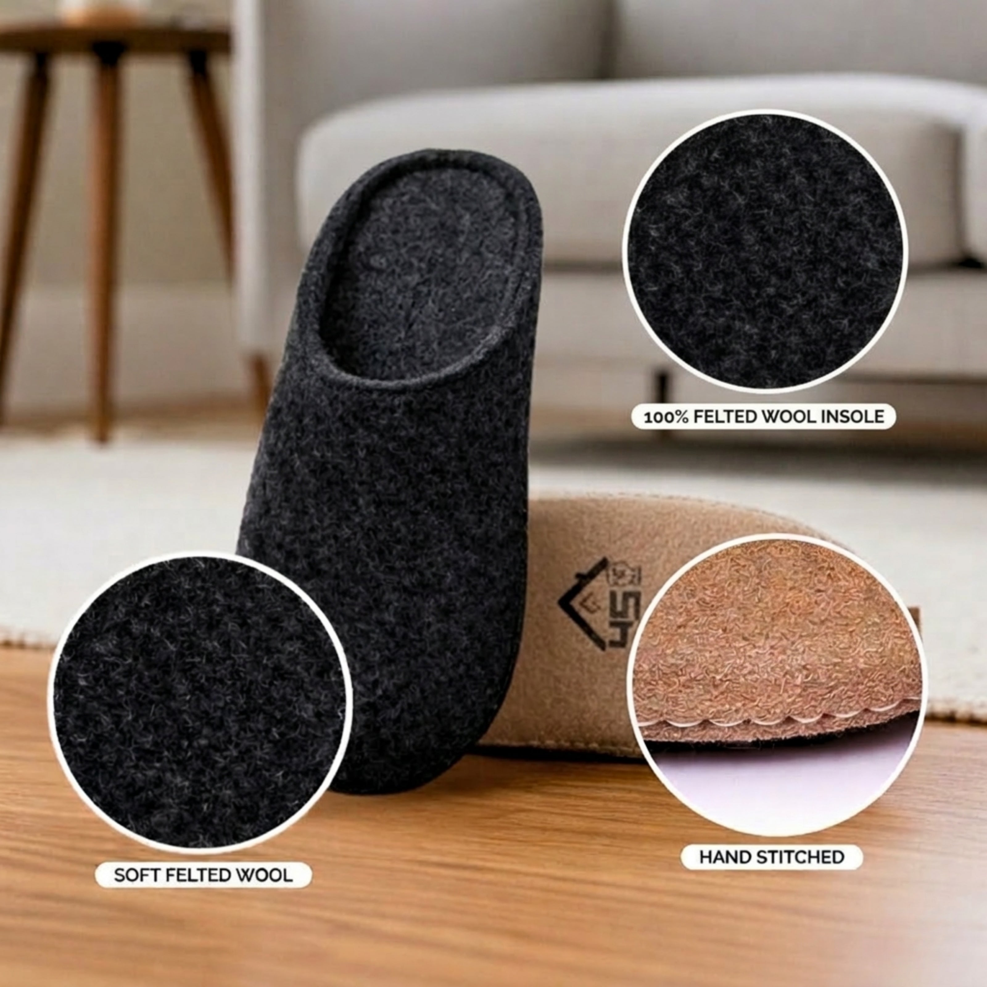 charcoal wool slip-on slippers with leather sole handmade feature