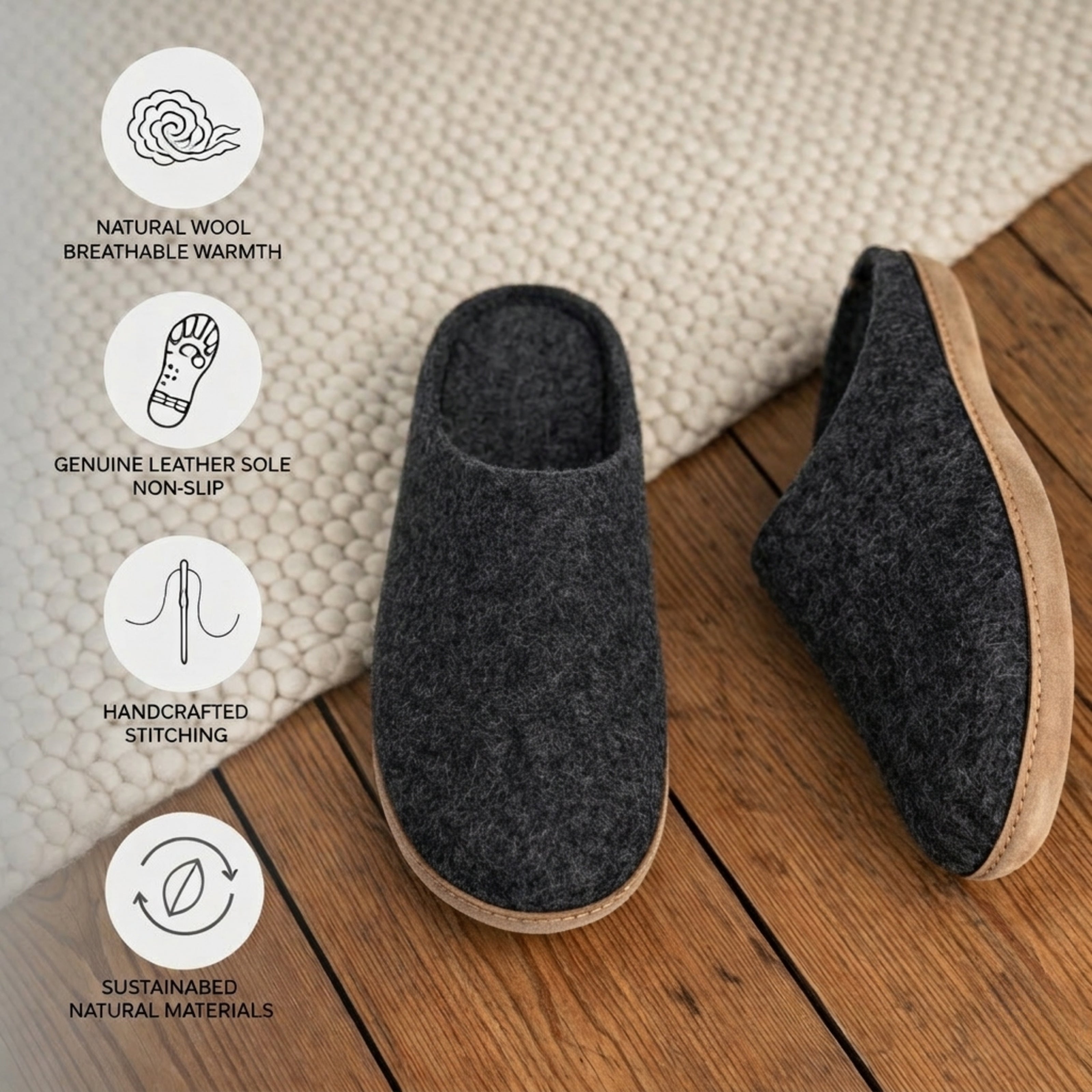 charcoal wool slip-on slippers with leather sole handmade feature