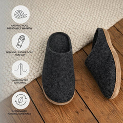 charcoal wool slip-on slippers with leather sole handmade feature