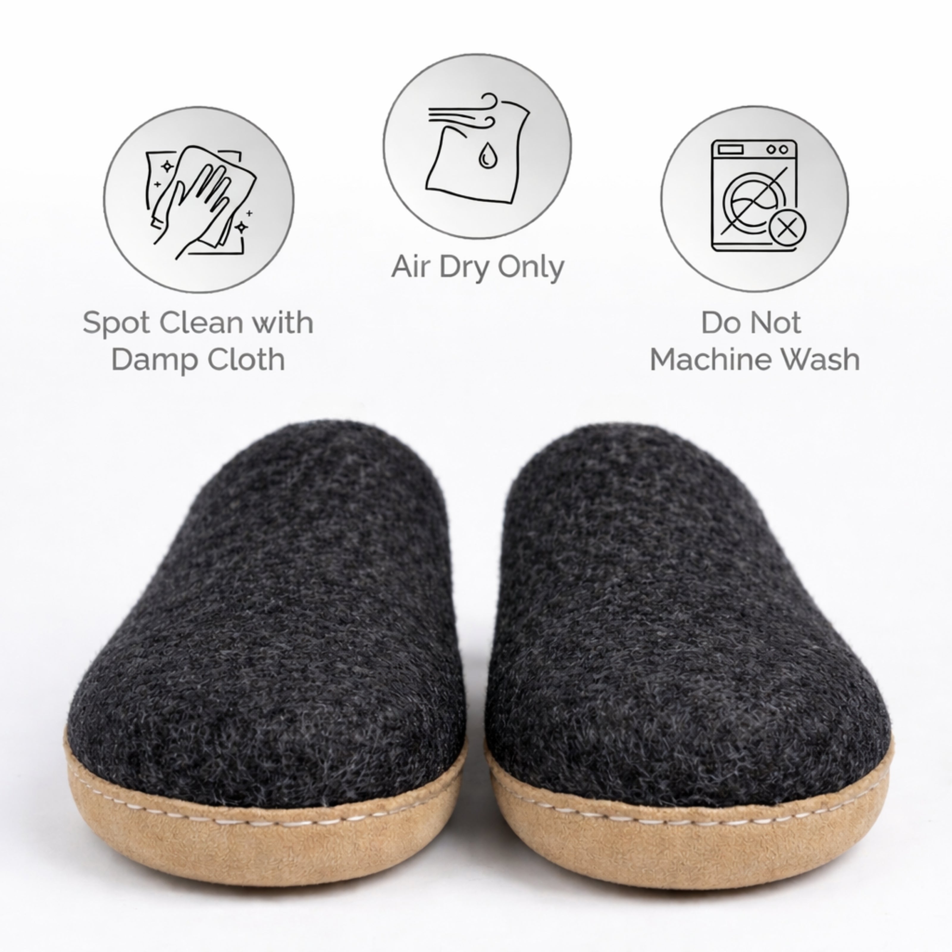 charcoal wool slip-on slippers with leather sole handmade cae instructions