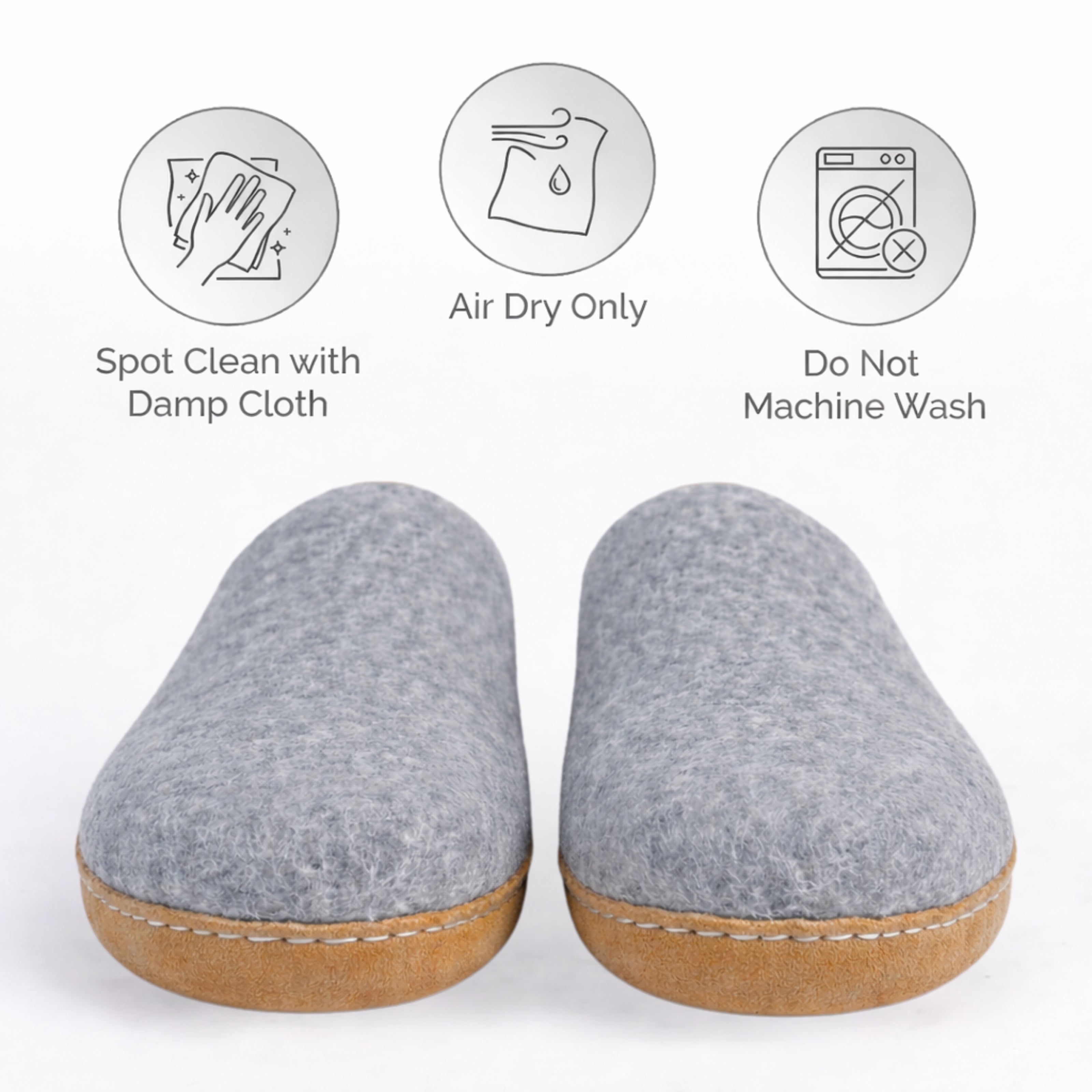 dark gray wool slip-on slippers with leather sole handmade care instructions