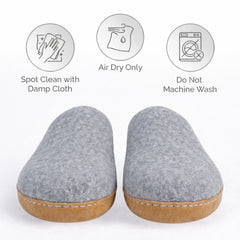 dark gray wool slip-on slippers with leather sole handmade care instructions