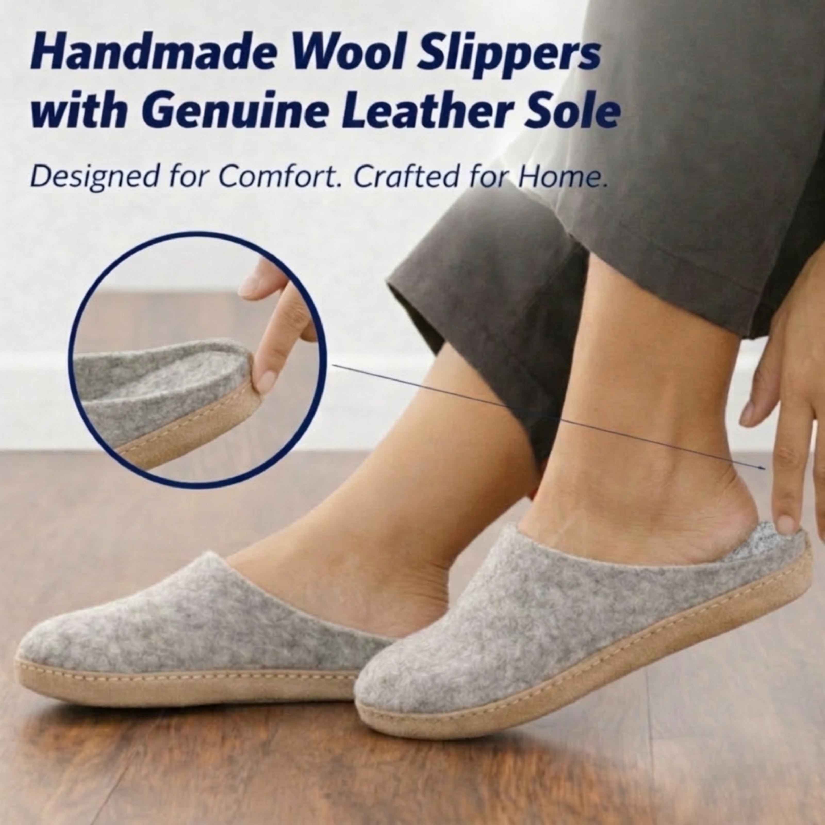 gray wool slip-on slippers with leather sole handmade benefits