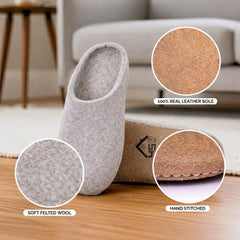 gray wool slip-on slippers with leather sole handmade feature