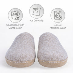 gray wool slip-on slippers with leather sole handmade care instuction