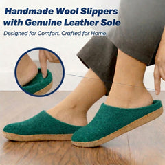 peacock green wool slip-on slippers with leather sole handmade feature