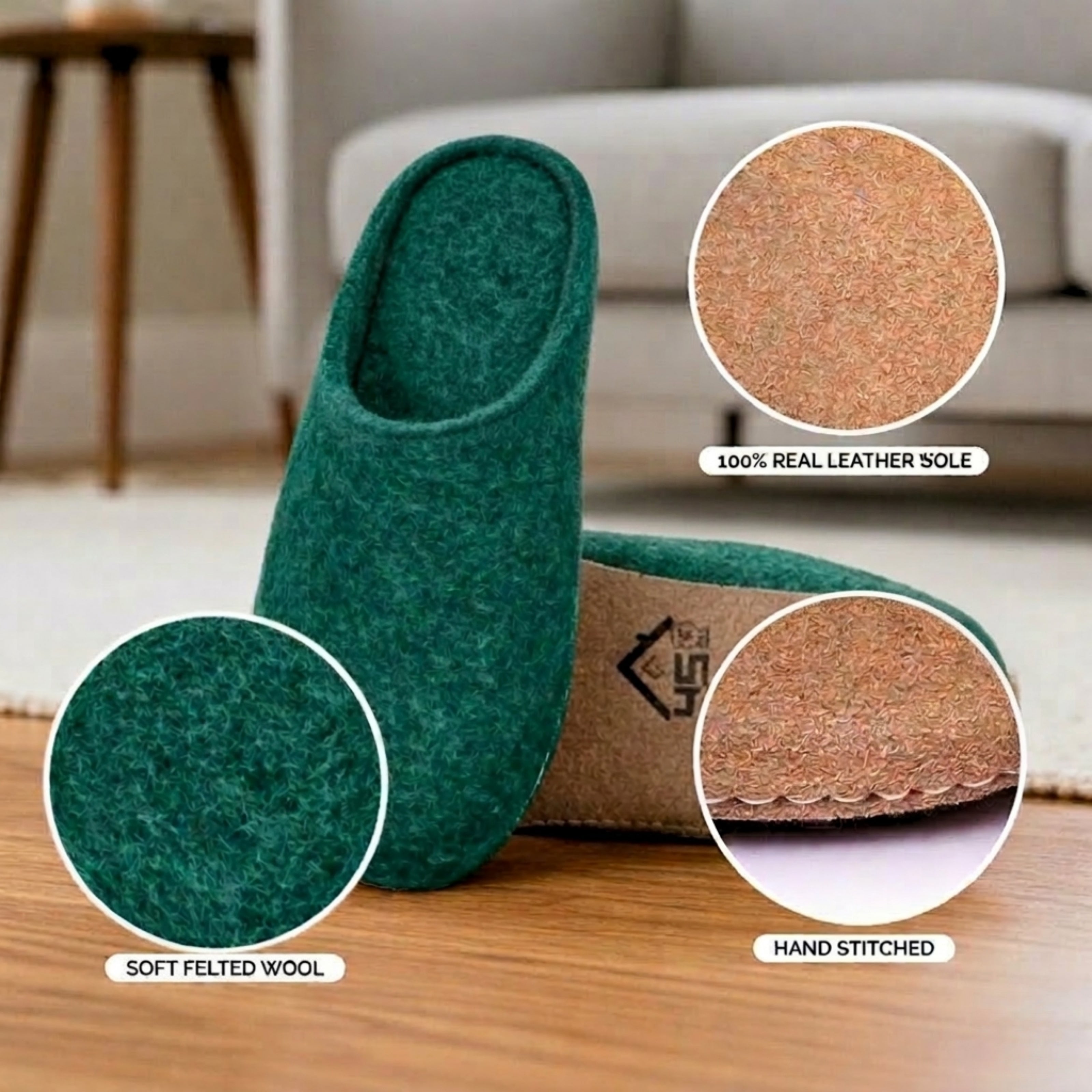 peacock green wool slip-on slippers with leather sole handmade feature