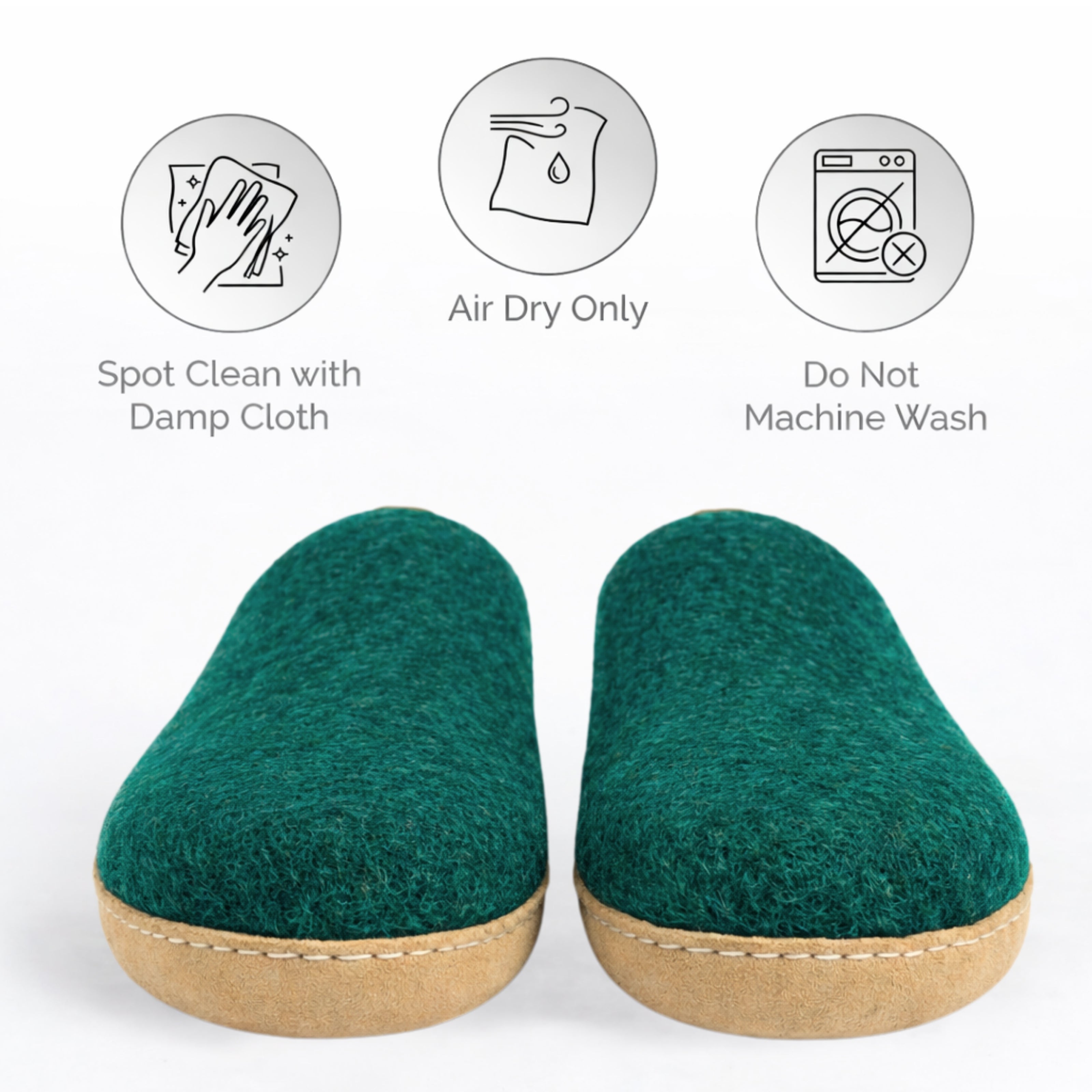 peacock green wool slip-on slippers with leather sole handmade care instructions