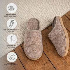 natural brown wool slip-on slippers with leather sole handmade feature