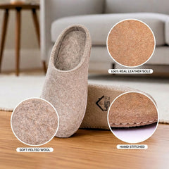 natural brown wool slip-on slippers with leather sole handmade feature