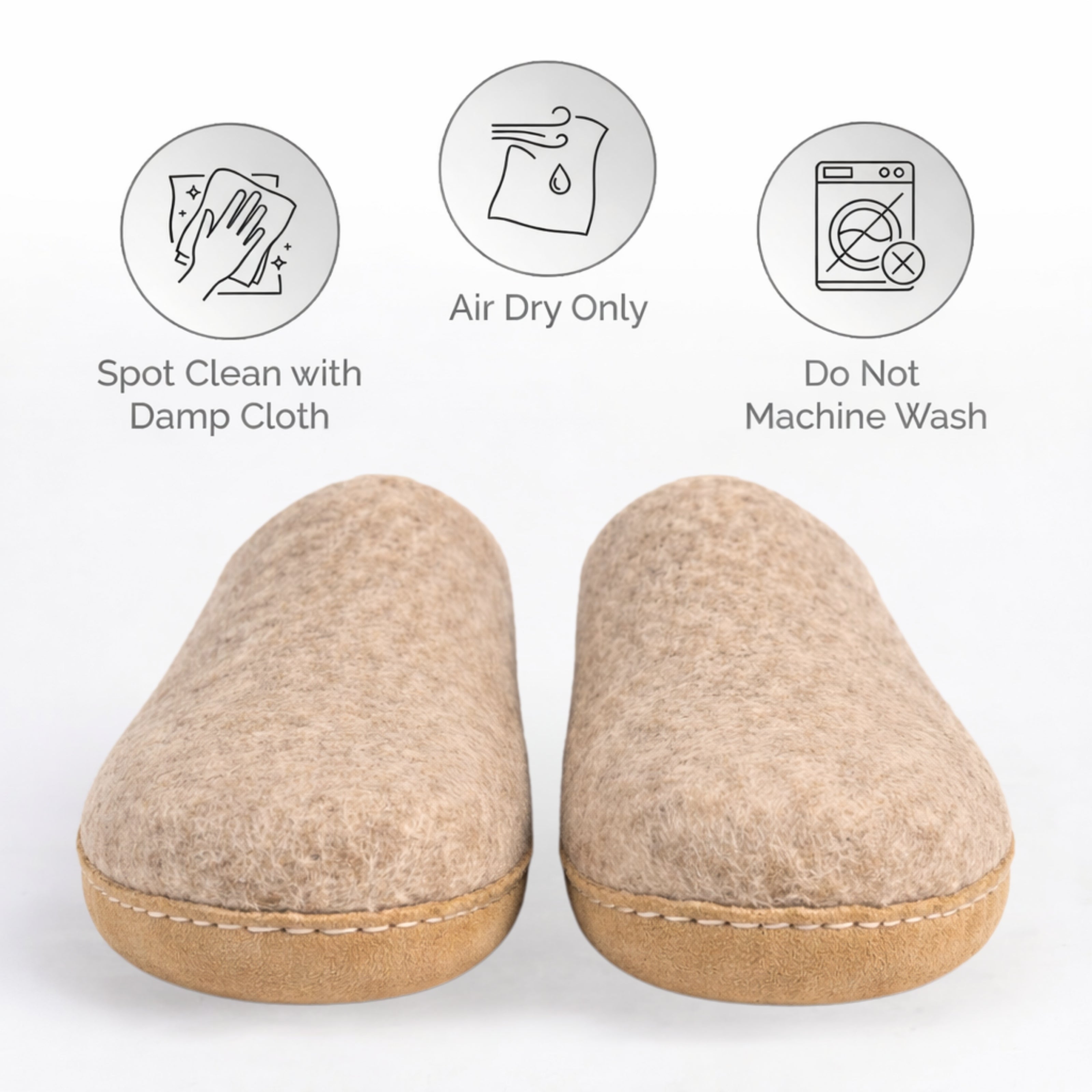natural brown wool slip-on slippers with leather sole handmade care instruction