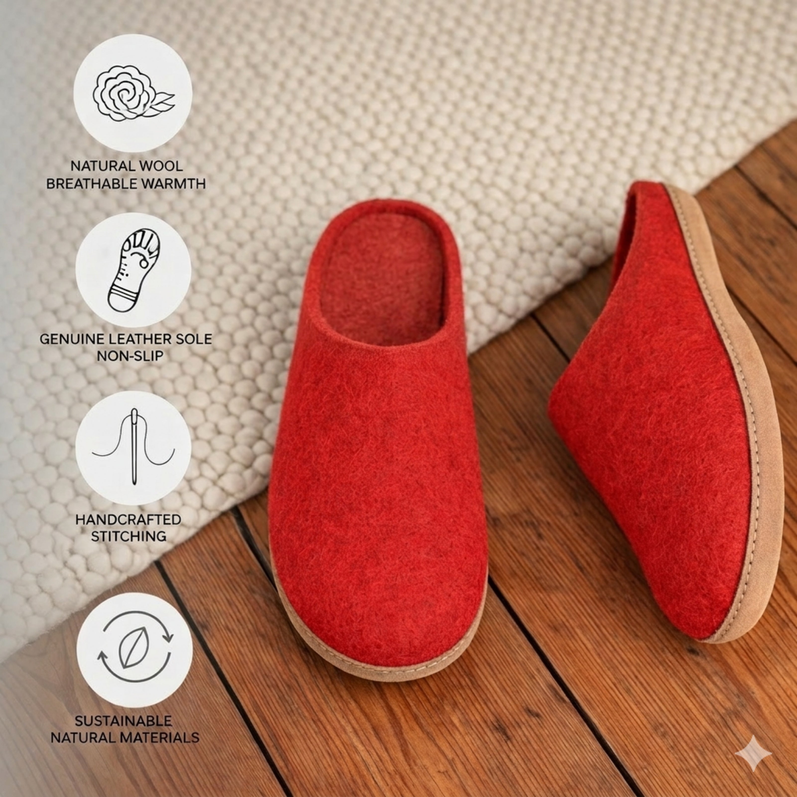 red wool slip-on slippers with leather sole handmade features