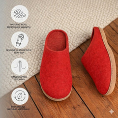 red wool slip-on slippers with leather sole handmade features