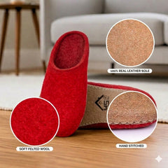 Red Wool Slip-On Slippers – Leather Sole
