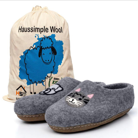 Cozy Wool Slippers Unisex Shoes Cat Dog Face Gray Print for Men & Women