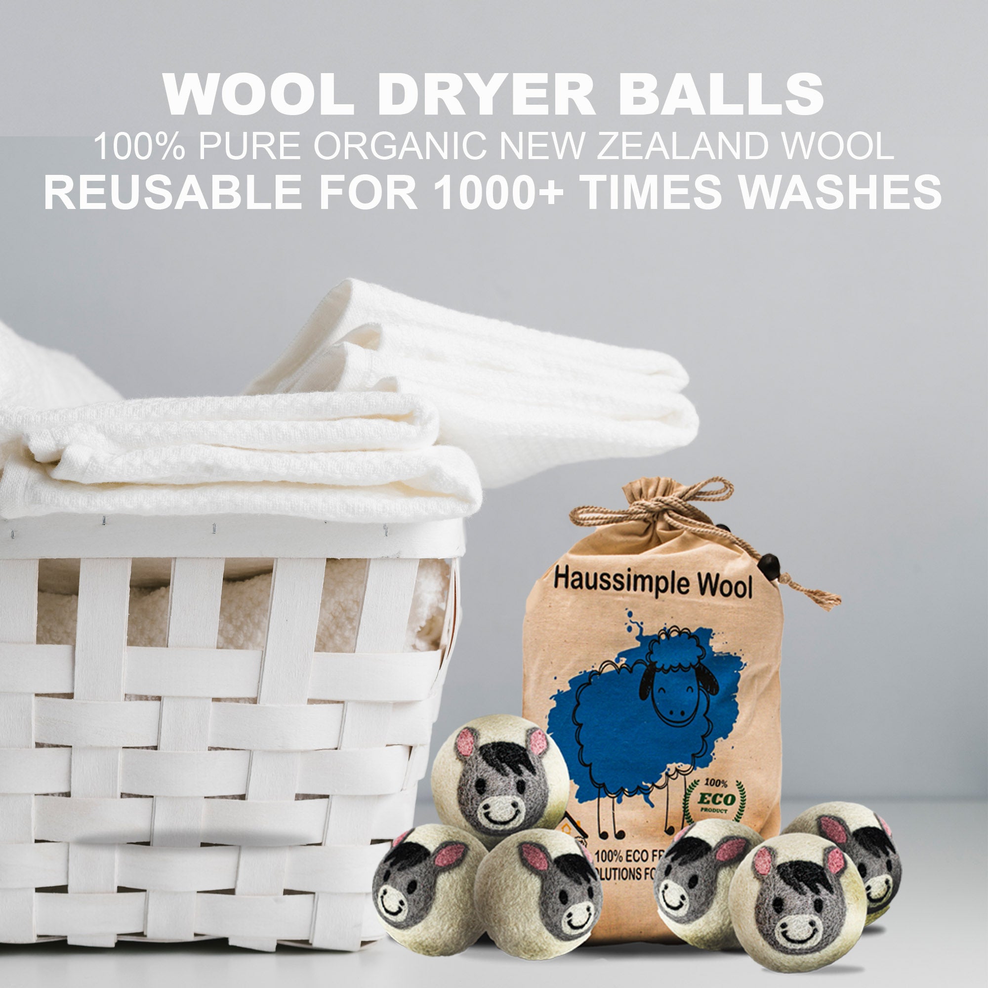 Wool Dryer Balls Extra Large Organic Reusable Laundry Fabric Softener 6-Pack Donkey
