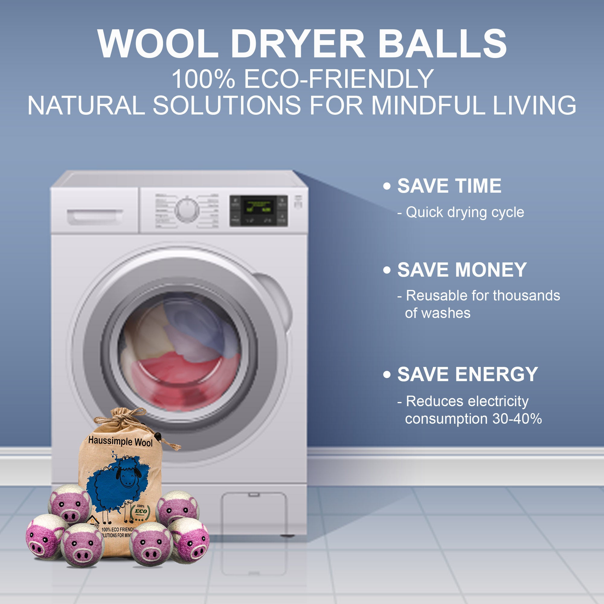 Wool Dryer Balls Extra Large Organic Reusable Laundry Fabric Softener 6-Pack Pig