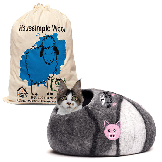 Wool Cat Cave House Bed Round Gray Farm Face